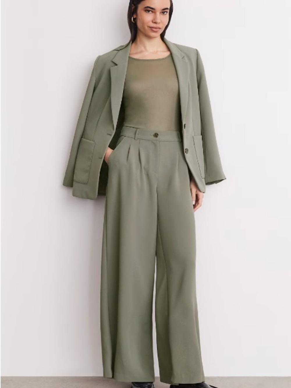 LOFT Sheer Sleeve Olive Green Women’s Top COOL SAGE - Picture 2 of 5